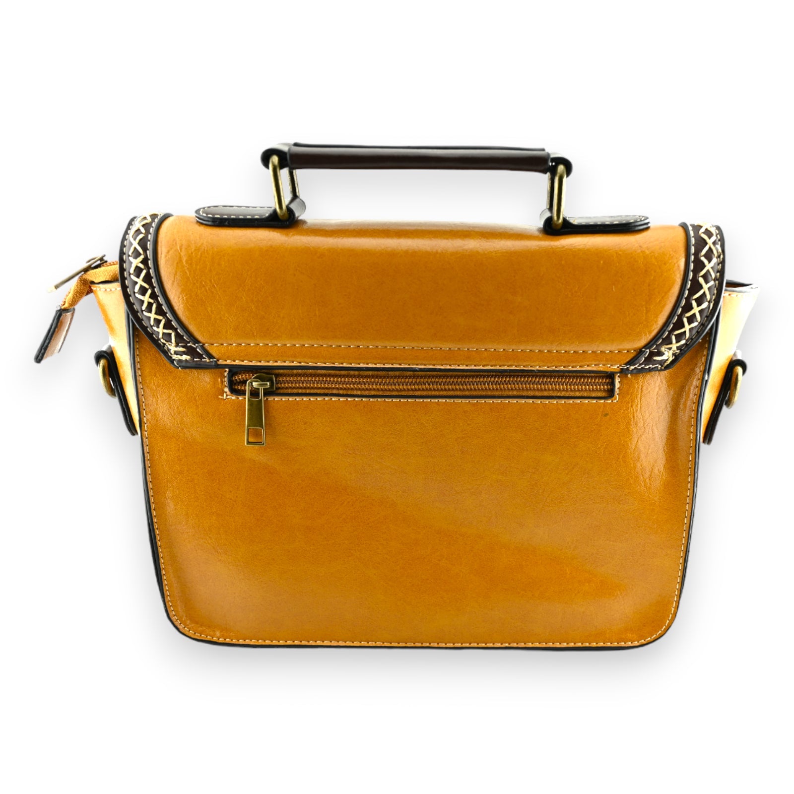Vintage Lederhandtasche in senfgelb mit braunen Details, Zipper und Tragegriff, elegante Damentasche im Retro-Stil
