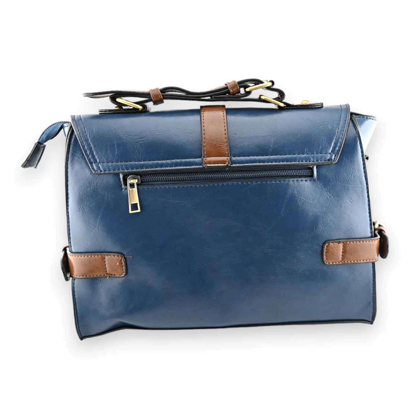 Vintage Lederaktentasche in Blau mit braunen Akzenten, großes Format, Reißverschluss und Tragegriff, elegantes Design