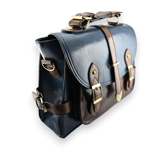 Vintage Lederaktentasche in Blau und Braun mit Metallschnallen, stilvolle Kombination aus klassischem Design und Funktiona...