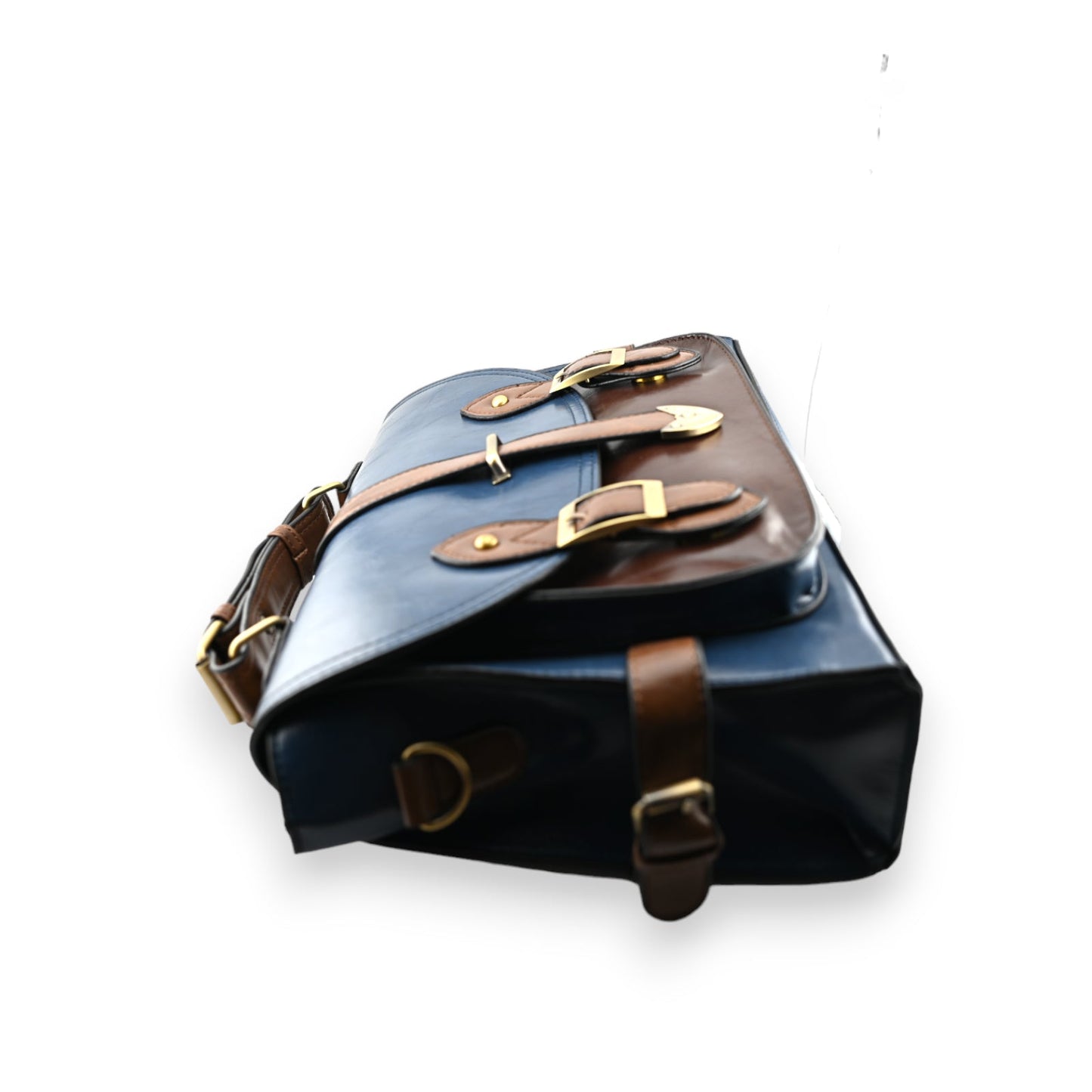 Vintage Lederaktentasche in Blau und Braun mit goldenen Schnallen, seitlicher Ansicht zeigt elegantes Design und Qualität