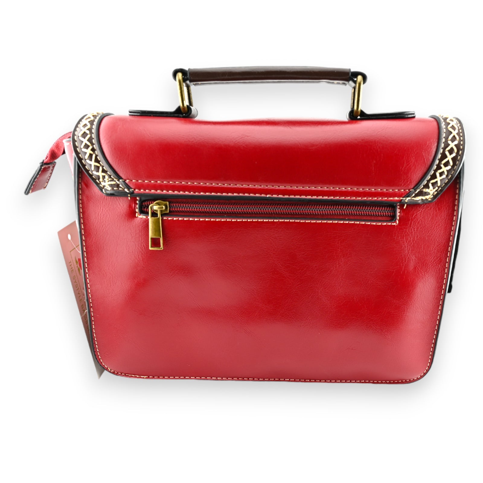 Vintage rote Ledertasche mit braunen Akzenten, Reißverschluss und goldfarbenen Details, eleganter Retro-Look