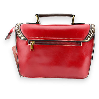 Vintage rote Ledertasche mit braunen Akzenten, Reißverschluss und goldfarbenen Details, eleganter Retro-Look