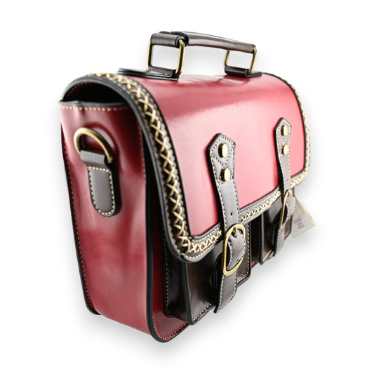 Vintage Aktentasche aus rotem und braunem Leder mit Goldverzierungen, Schnallen und Tragegriff, elegantes Design