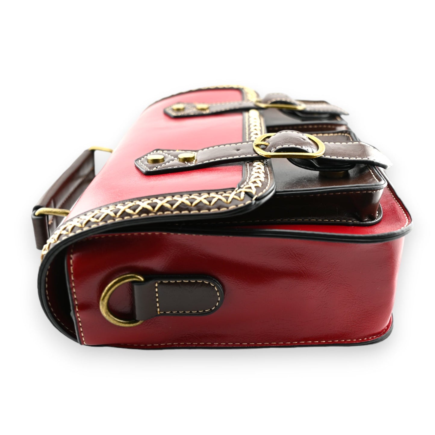 Vintage Aktentasche in Rot und Braun mit Lederdetails, Schnallen und Stickerei, elegantes Design für Damen