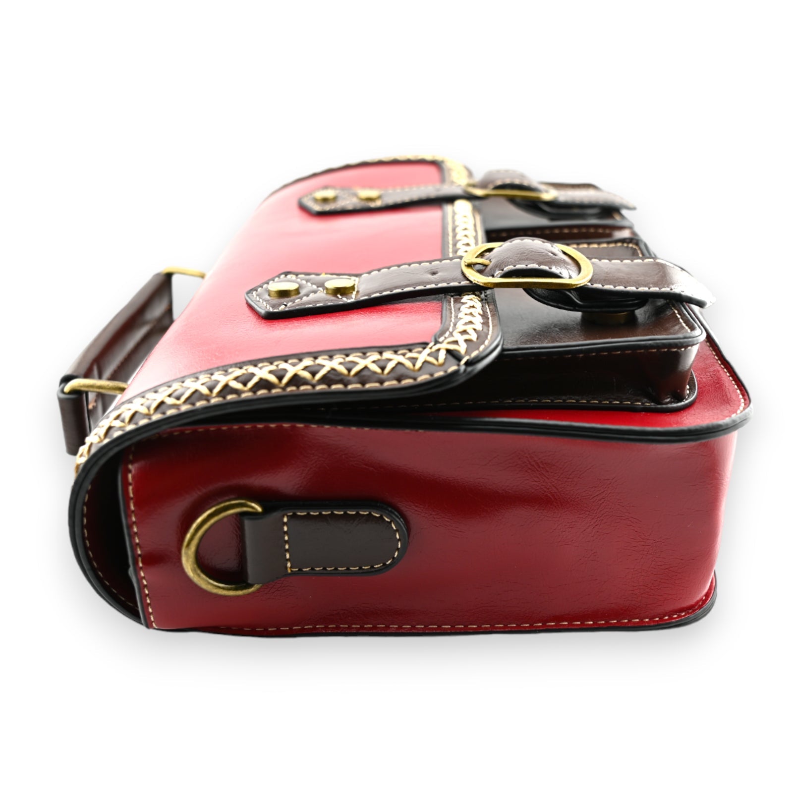 Vintage Aktentasche in Rot und Braun mit Lederdetails, Schnallen und Stickerei, elegantes Design für Damen