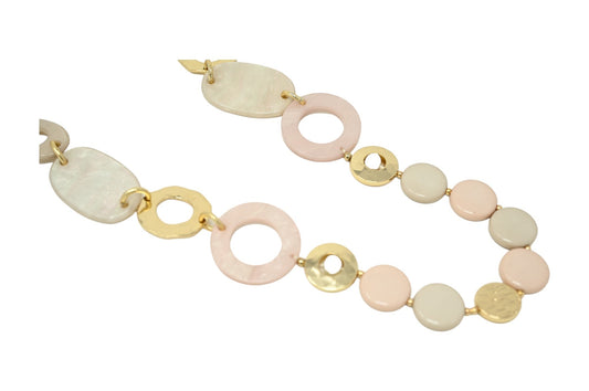 Vintage Sautoir Halskette mit runden Anhängern in Beige, Rosa und Gold, verbunden durch zarte Kettenglieder