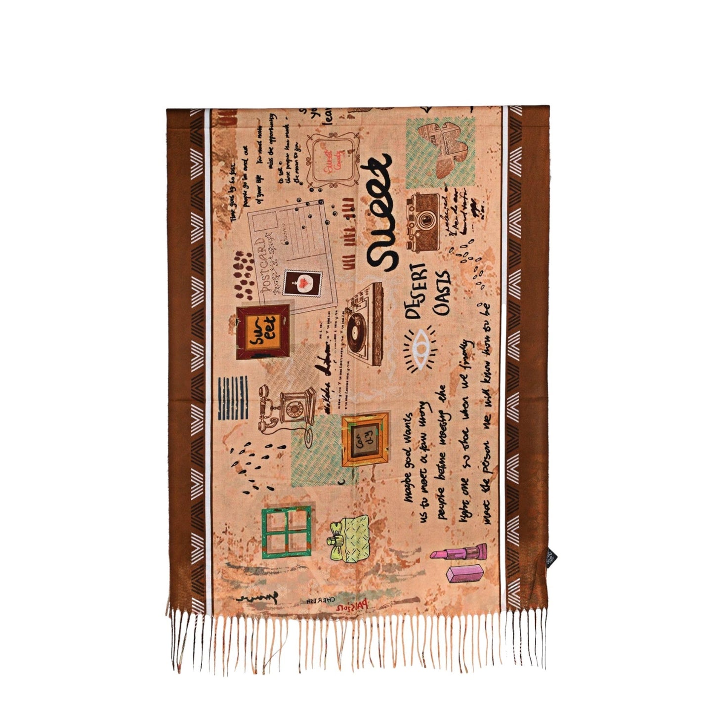 Bedruckter Seidenschal mit nostalgischen Motiven, Schriftzügen und Vintage-Objekten in Braun- und Pastelltönen