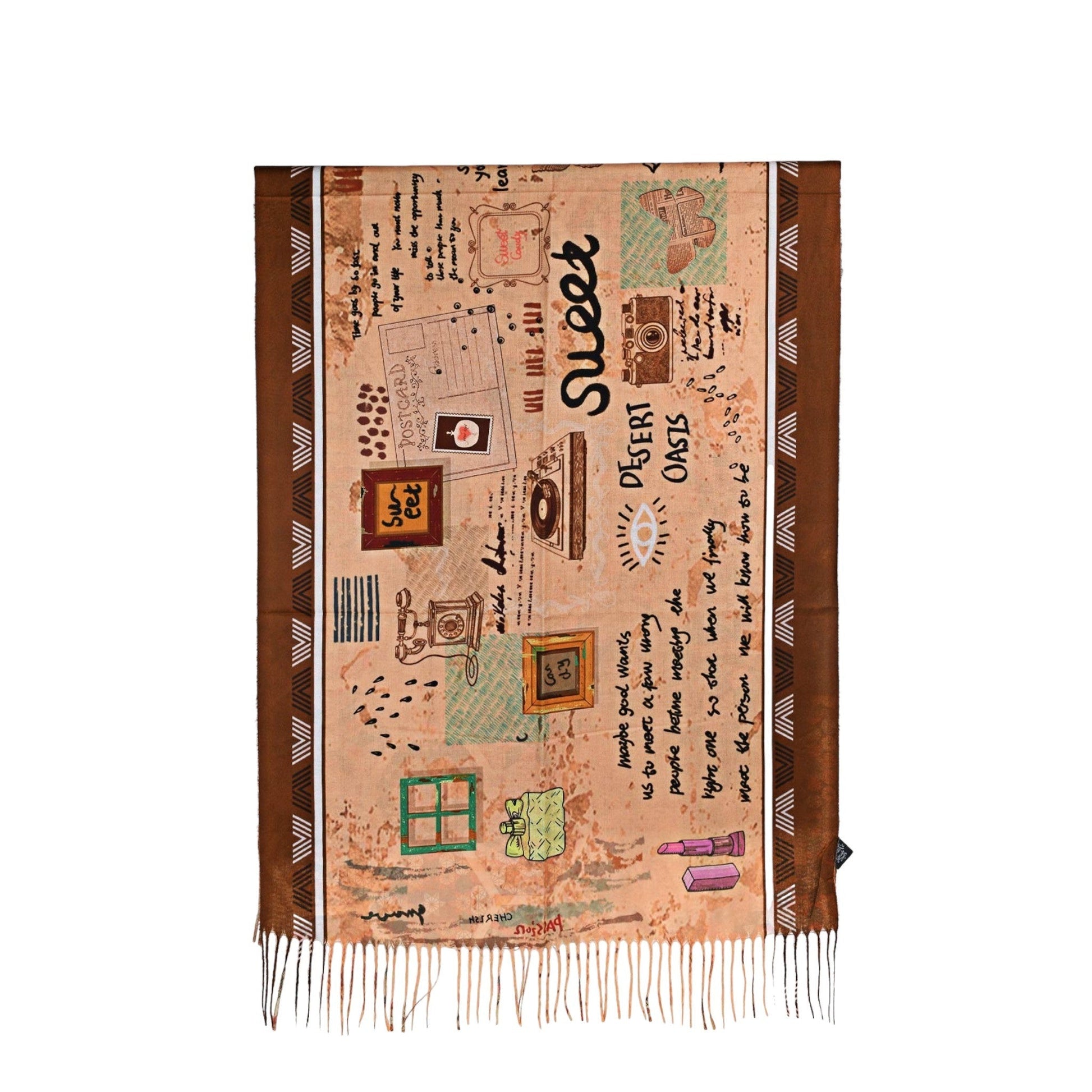 Bedruckter Seidenschal mit nostalgischen Motiven, Schriftzügen und Vintage-Objekten in Braun- und Pastelltönen