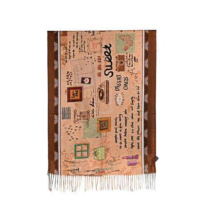 Bedruckter Seidenschal mit nostalgischen Motiven, Schriftzügen und Vintage-Objekten in Braun- und Pastelltönen
