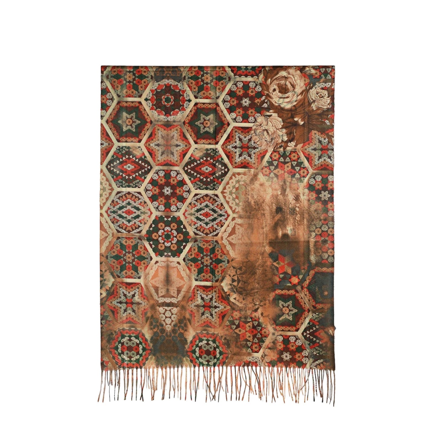 Luxuriöser Schal mit geometrischem Hexagon-Muster und Blumenmotiven in Rot, Braun und Grün. Fransen am unteren Rand.