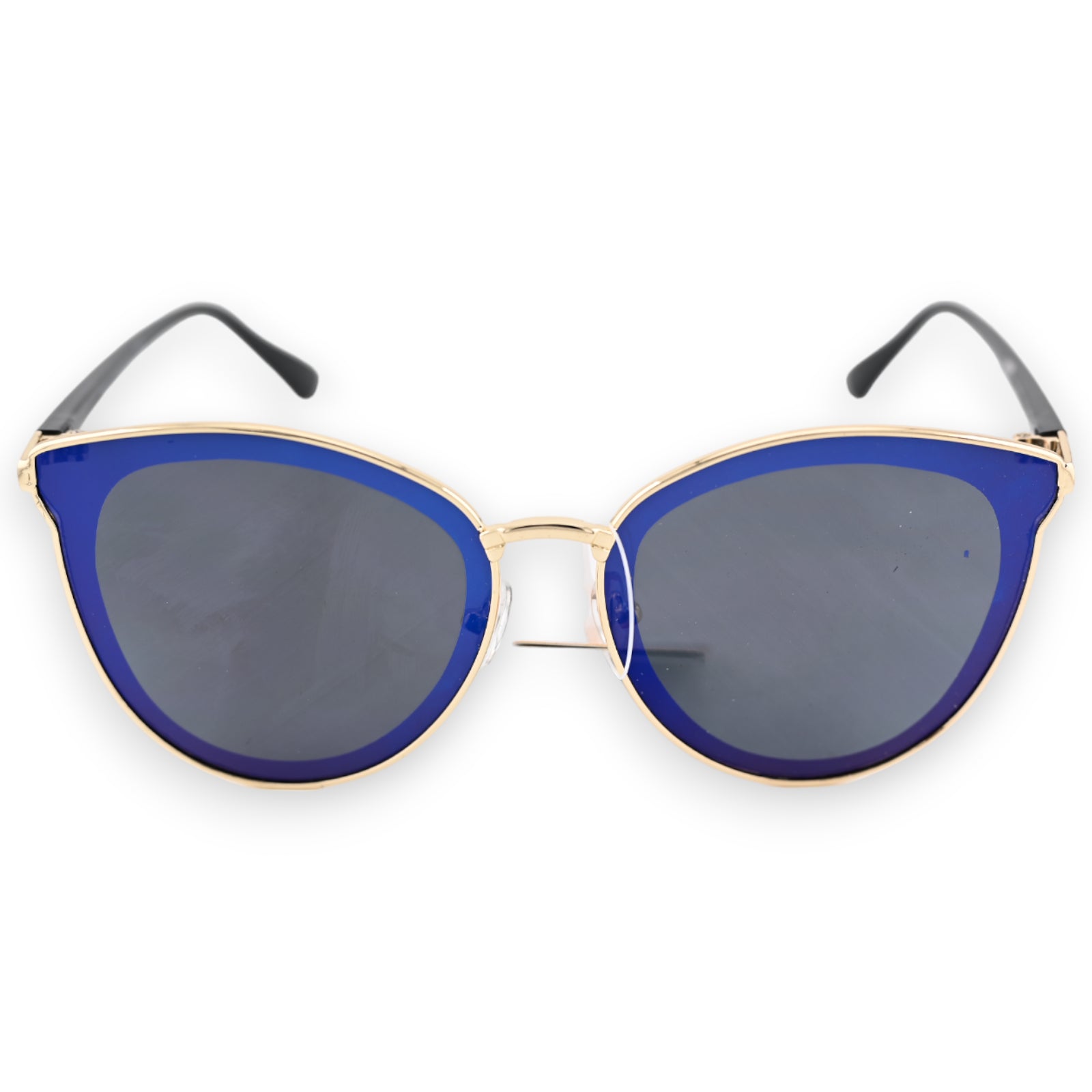 Stilvolle Sonnenbrille mit blauem Rahmen, goldfarbenen Akzenten und grauen Gläsern im Vintage-Look