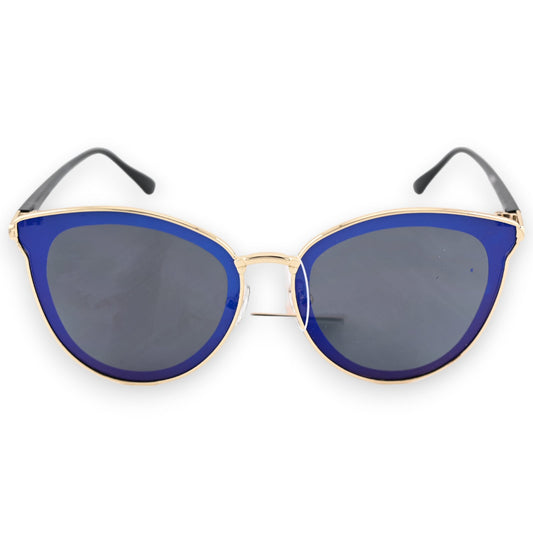 Stilvolle Sonnenbrille mit blauem Rahmen, goldfarbenen Akzenten und grauen Gläsern im Vintage-Look