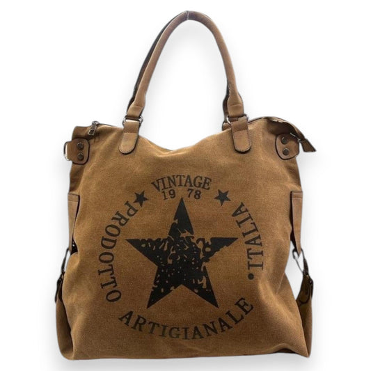 Vintage Camel-Leinwandtasche mit Stern-Logo, Aufschrift 'Vintage 1978' und 'Artigianale', braune Ledertasche mit Henkeln