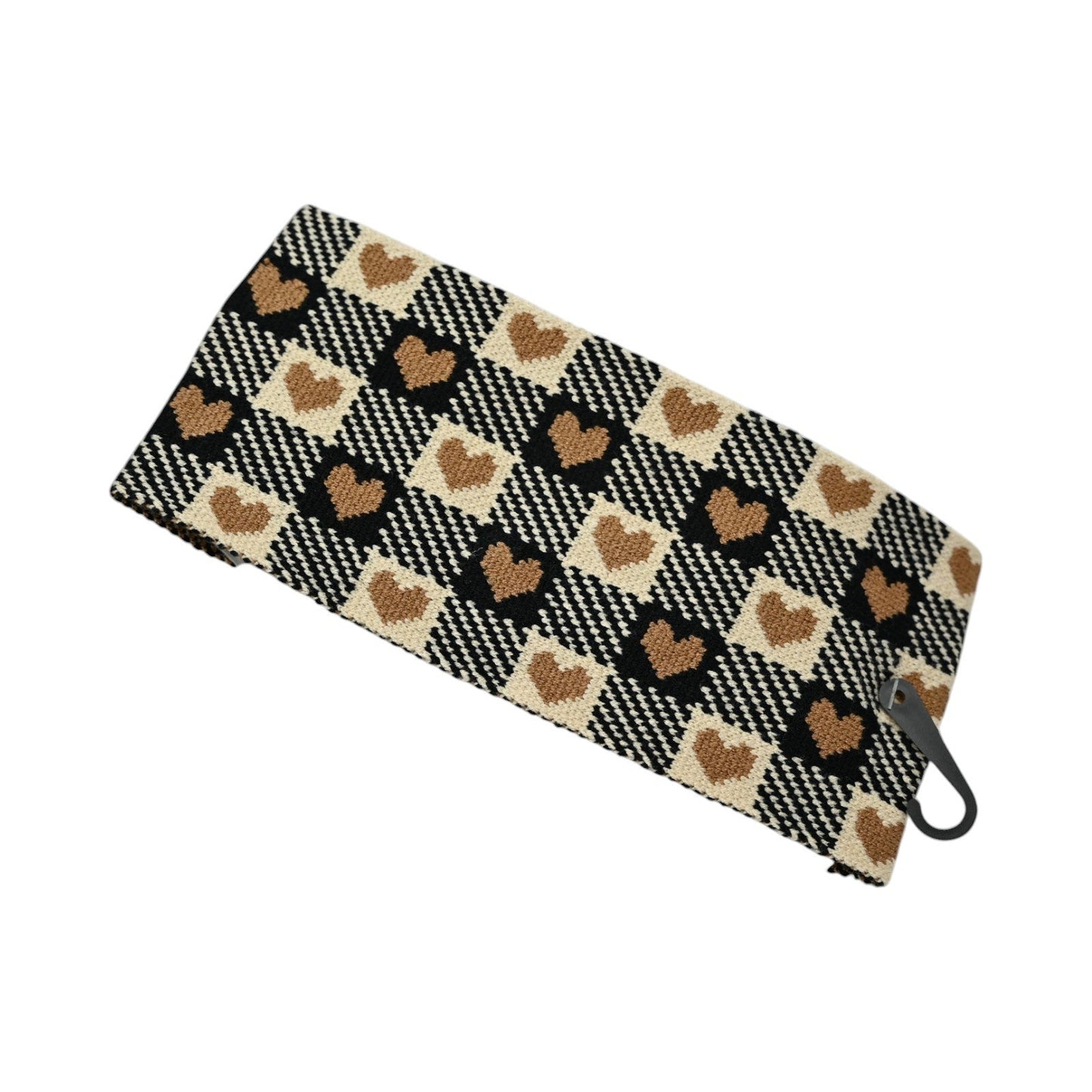 Vintage Stirnband mit Karo- und Herzmuster in Schwarz, Beige und Braun, mit Verschluss, warmes Winteraccessoire