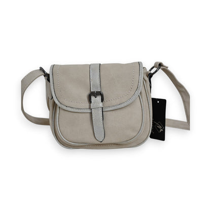 Vintage Umhängetasche Mélanie Paris in Beige mit Schnallenverschluss, Schulterriemen und Markenetikett, klein und elegant
