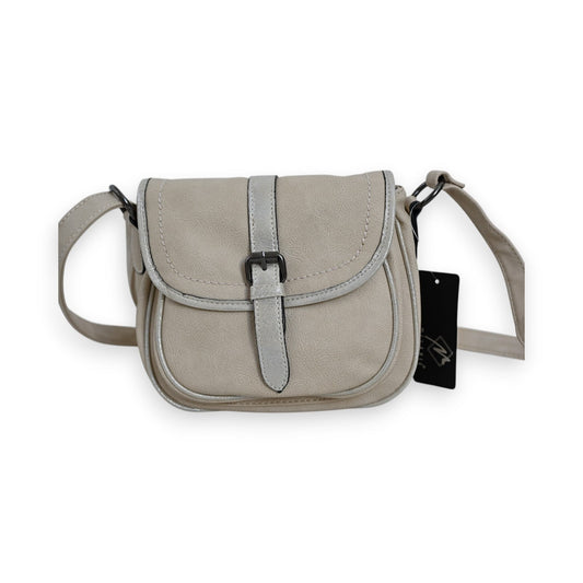 Vintage Umhängetasche Mélanie Paris in Beige mit Schnallenverschluss, Schulterriemen und Markenetikett, klein und elegant