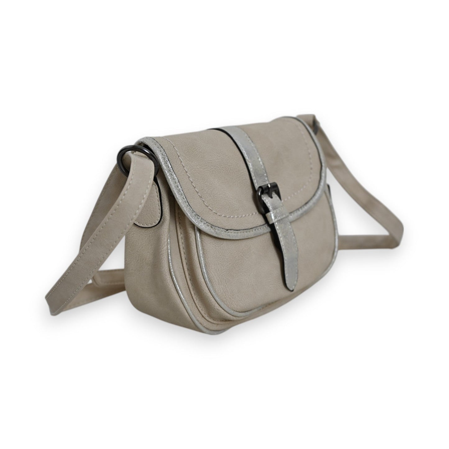 Vintage Umhängetasche Mélanie Paris in Beige mit Silberdetails, ovalem Design und verstellbarem Schulterriemen