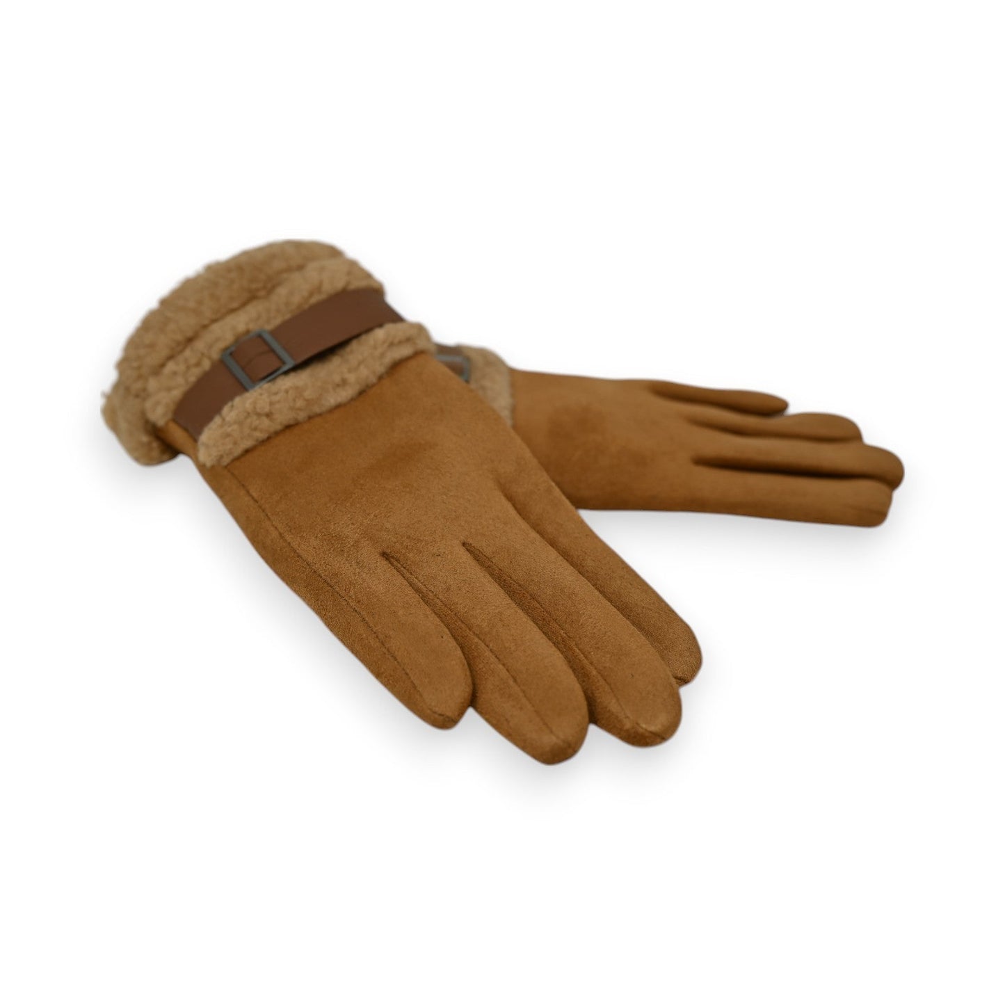 Warme Handschuhe aus braunem Wildlederimitat mit Plüschfutter und Riemen, für kalte Wintertage geeignet
