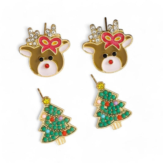 Festliche Weihnachtsohrringe: Rentiere mit Kristallen und Schleifen, Tannenbäume mit bunten Steinchen, goldfarben