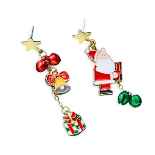 Festliche Weihnachtsohrringe mit Stern, Santa, Glocken und Geschenk-Anhängern in Gold, Rot und Grün