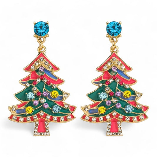Festliche Weihnachtsbaum-Ohrringe mit bunten Emaille-Elementen und Kristallen, goldfarben, Schmuck für die Feiertage