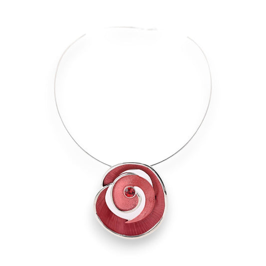Elegantes Choker-Halsband mit weinrotem und silbernem spiralförmigem Anhänger, verziert mit rotem Kristall