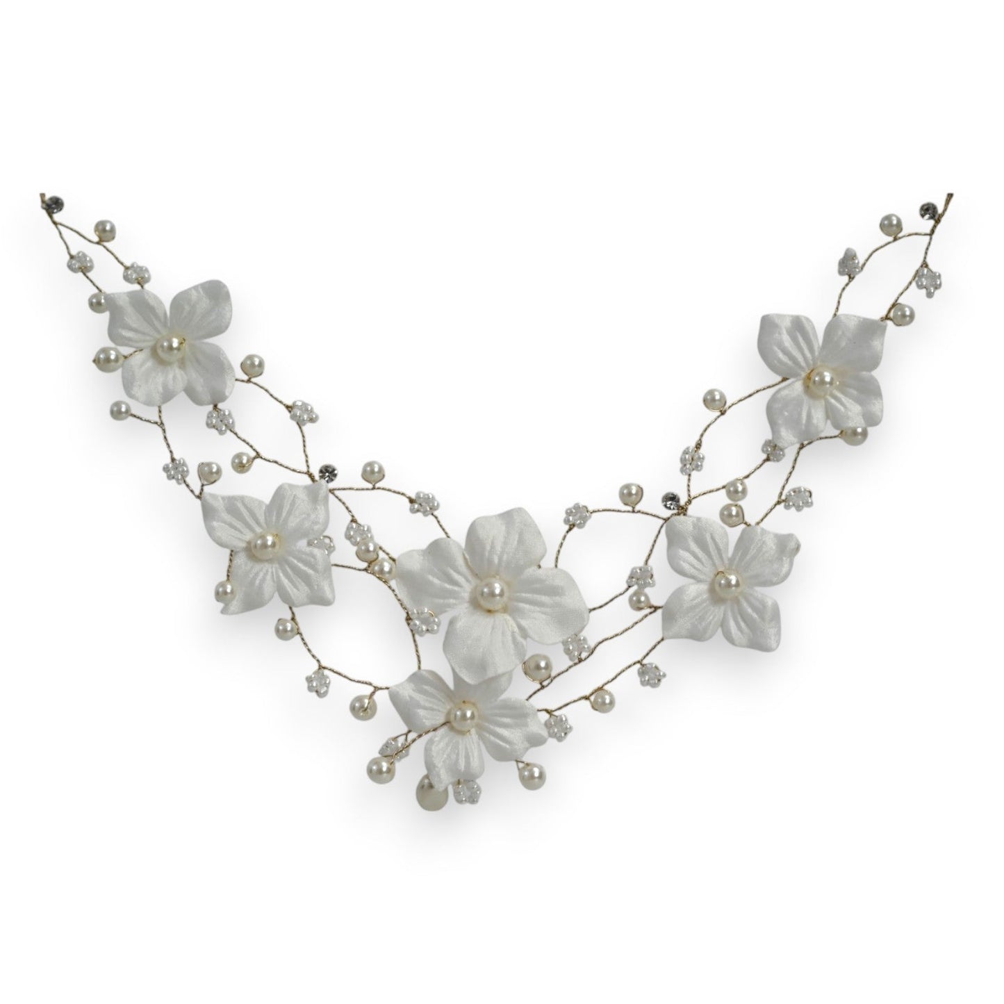 Weiße Hochzeits-Blumenkette mit Perlen und Stoffblüten