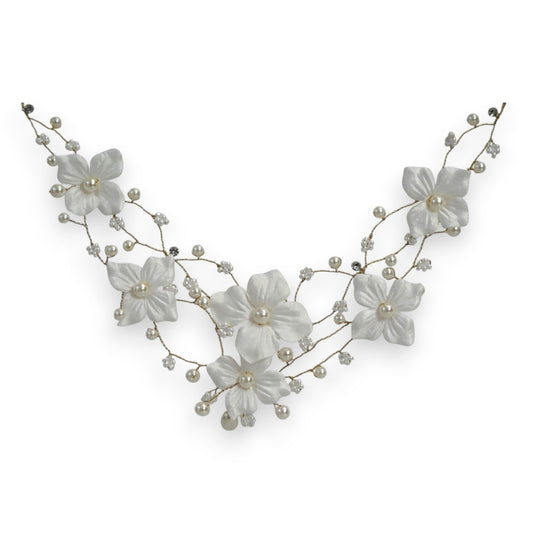 Weiße Hochzeits-Blumenkette mit Perlen und Stoffblüten