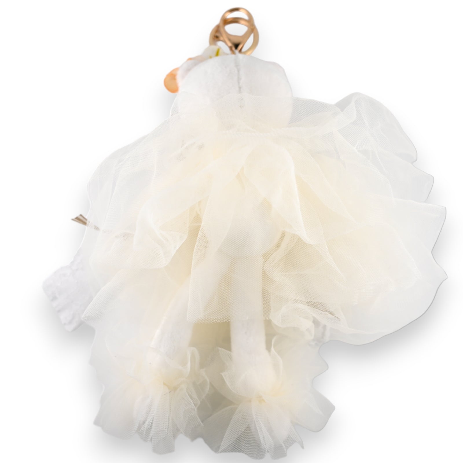 Eleganter Schlüsselanhänger aus weißem Tüll und Spitze, shabby-chic Stil, voluminös und romantisch, mit goldenem Ring
