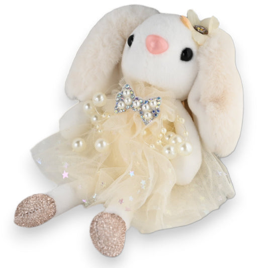 Plüschiges weißes Kaninchen im glitzernden Tutu-Kleid mit Perlen und Kristallen, rosa Nase und langen Ohren als Schlüssela...
