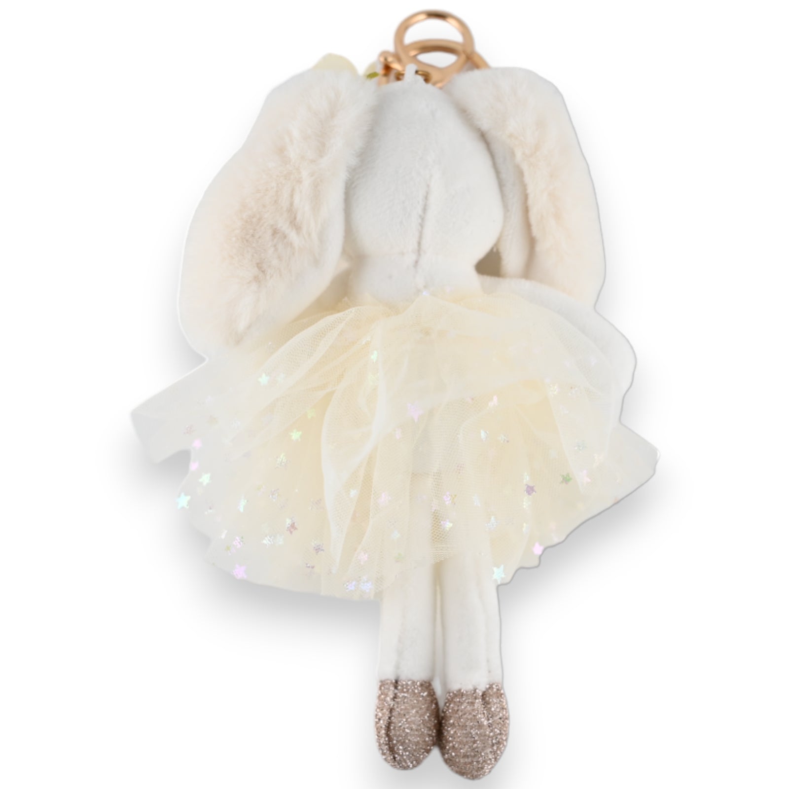 Weißer Plüsch-Hase Schlüsselanhänger mit glitzerndem Tutu-Rock, silbernen Sternen und Glitzerschuhen