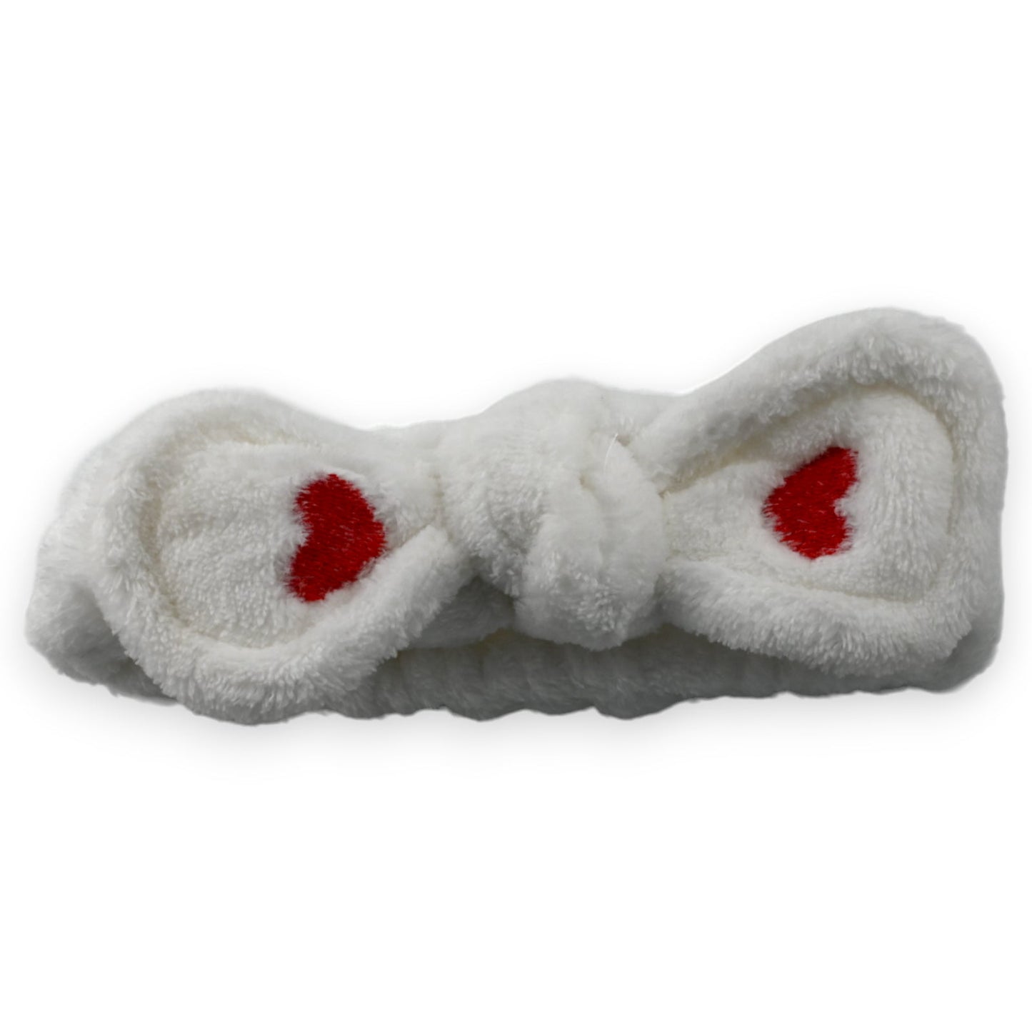 Weißes flauschiges Stirnband mit rotem Herzmuster, Schleifendesign, für Kosmetik und Haarpflege