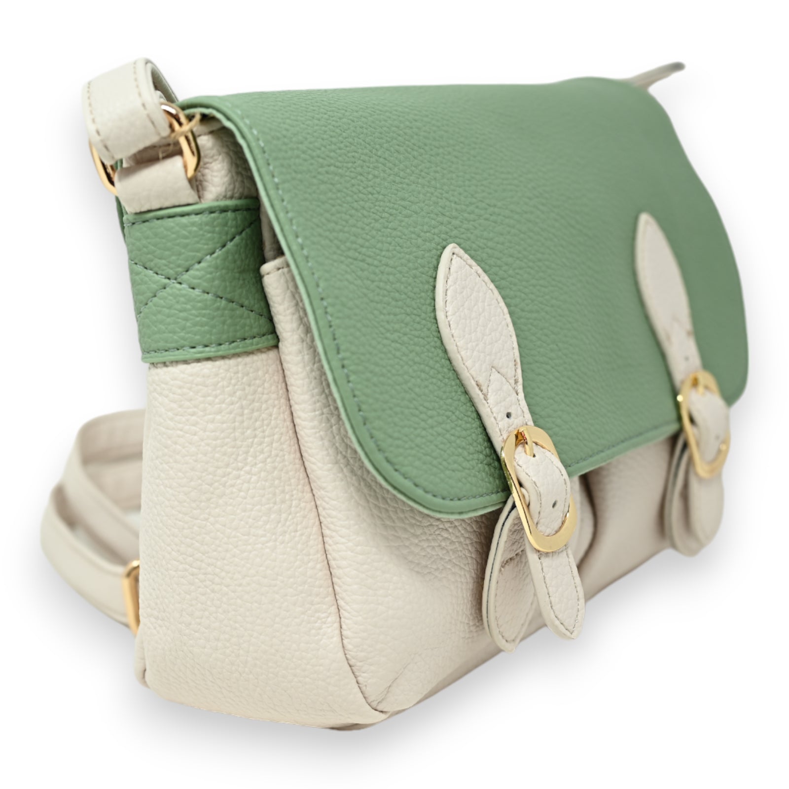 Elegante zweifarbige Umhängetasche in Beige und Mintgrün mit Goldakzenten, Ledertextur und Schnallendetails