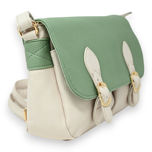 Elegante zweifarbige Umhängetasche in Beige und Mintgrün mit Goldakzenten, Ledertextur und Schnallendetails