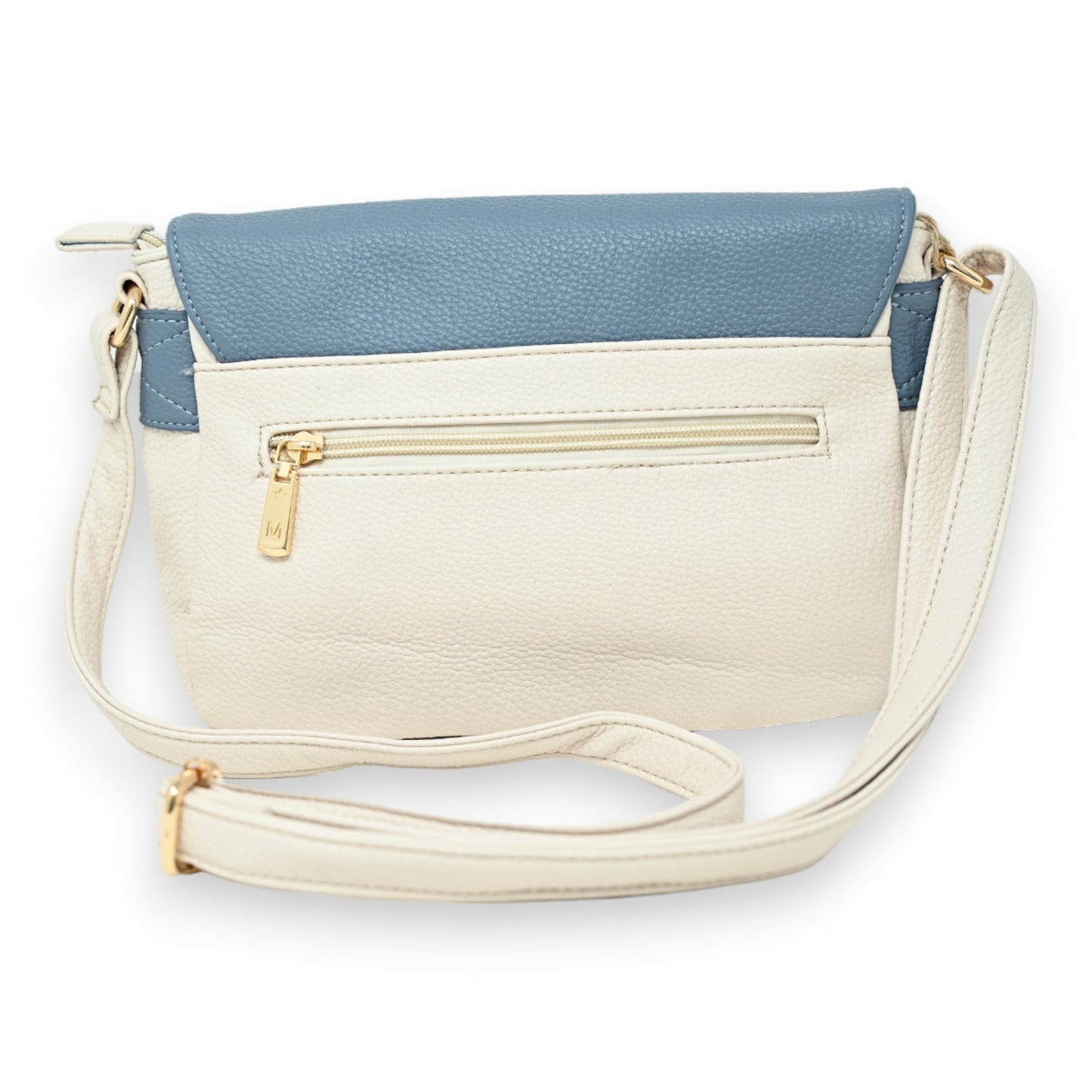 Zweifarbige Damen-Umhängetasche aus Leder in Beige und Jeansblau mit Reißverschluss-Tasche und verstellbarem Schulterriemen