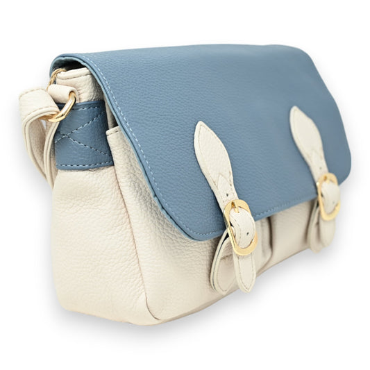 Elegante zweifarbige Umhängetasche aus Leder in Beige und Jeansblau mit goldfarbenen Schnallen und Kontrastnähten