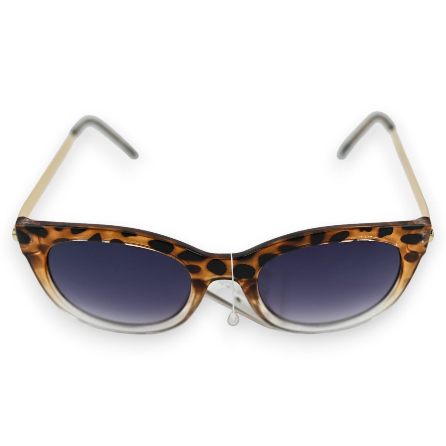 Zweifarbige Sonnenbrille mit Leopardenmuster-Rahmen, braunem Oberrand und transparentem Unterrand, goldfarbene Bügel