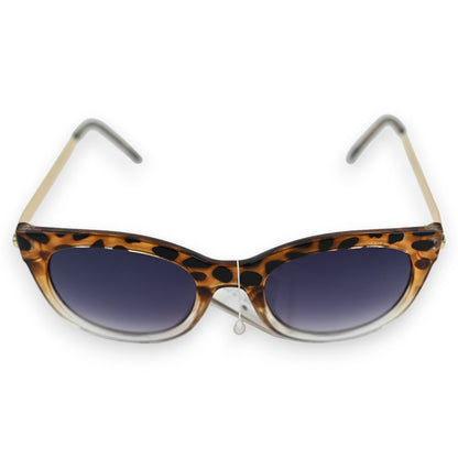 Zweifarbige Sonnenbrille mit Leopardenmuster-Rahmen, braunem Oberrand und transparentem Unterrand, goldfarbene Bügel
