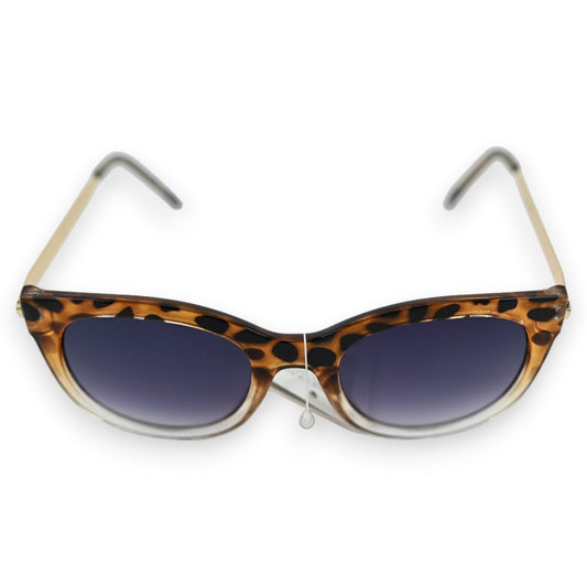 Zweifarbige Sonnenbrille mit Leopardenmuster-Rahmen, braunem Oberrand und transparentem Unterrand, goldfarbene Bügel