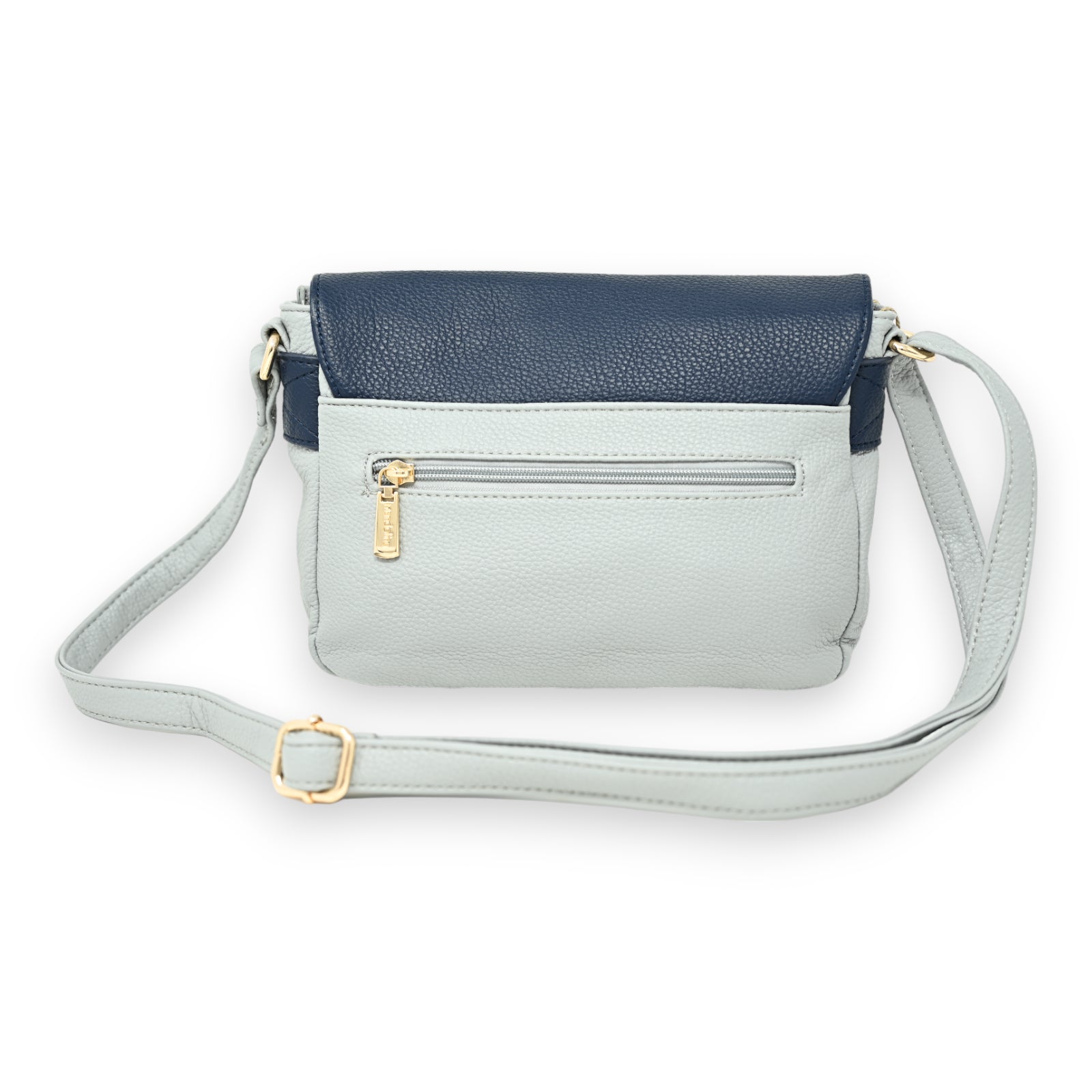 Zweifarbige Leder-Umhängetasche in Jeansblau und Marineblau mit goldfarbenen Details und verstellbarem Schulterriemen