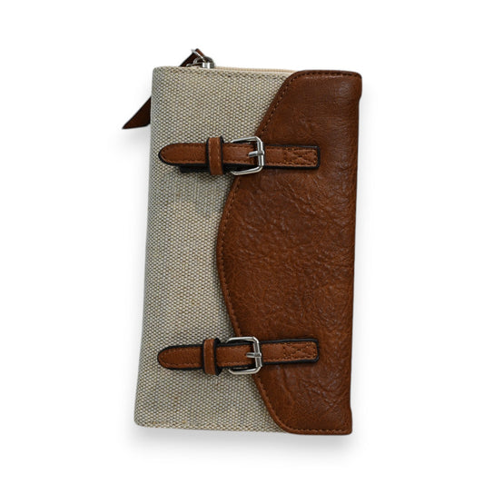 Zweifarbiges Portemonnaie aus Leinen und Leder mit Schnallen, beige und camelbraun, elegantes Design für Damen