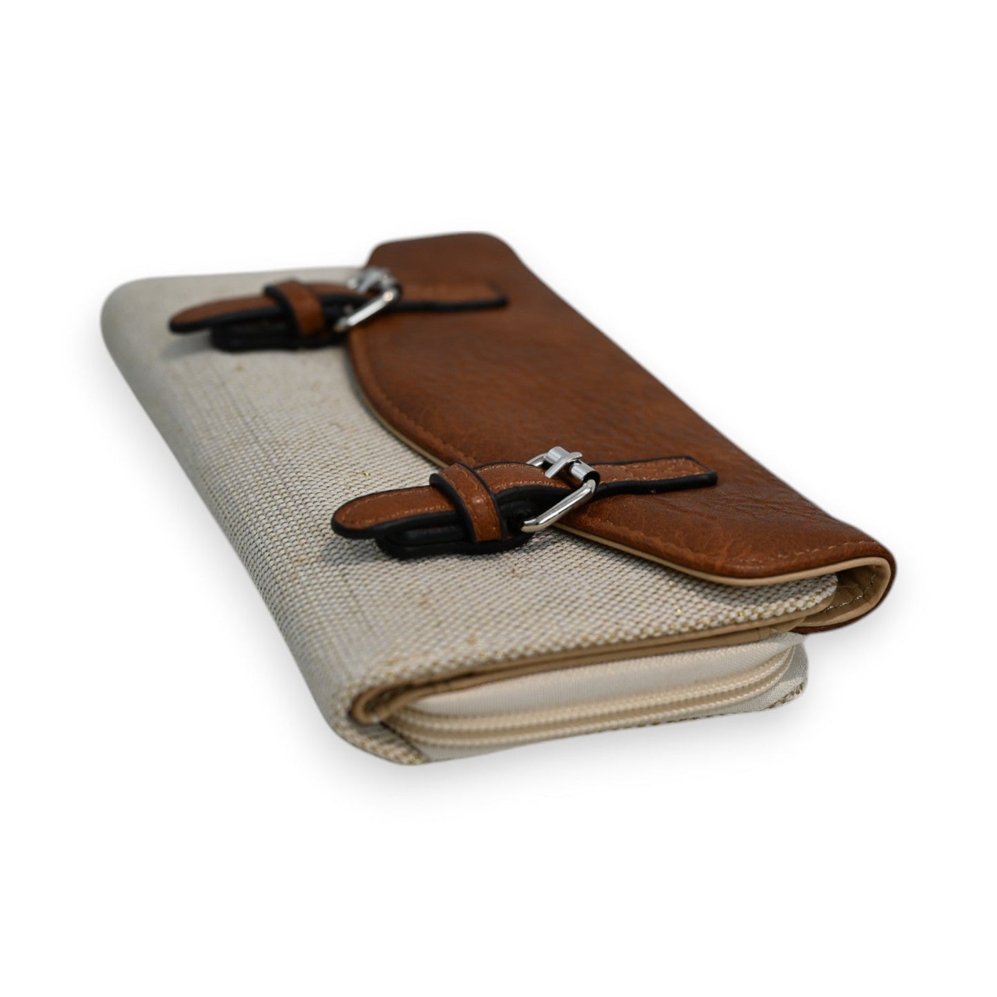 Zweifarbiges Portemonnaie aus Leinen und Leder mit Schnallen, beige und camelfarben, elegantes Design im Vintage-Stil
