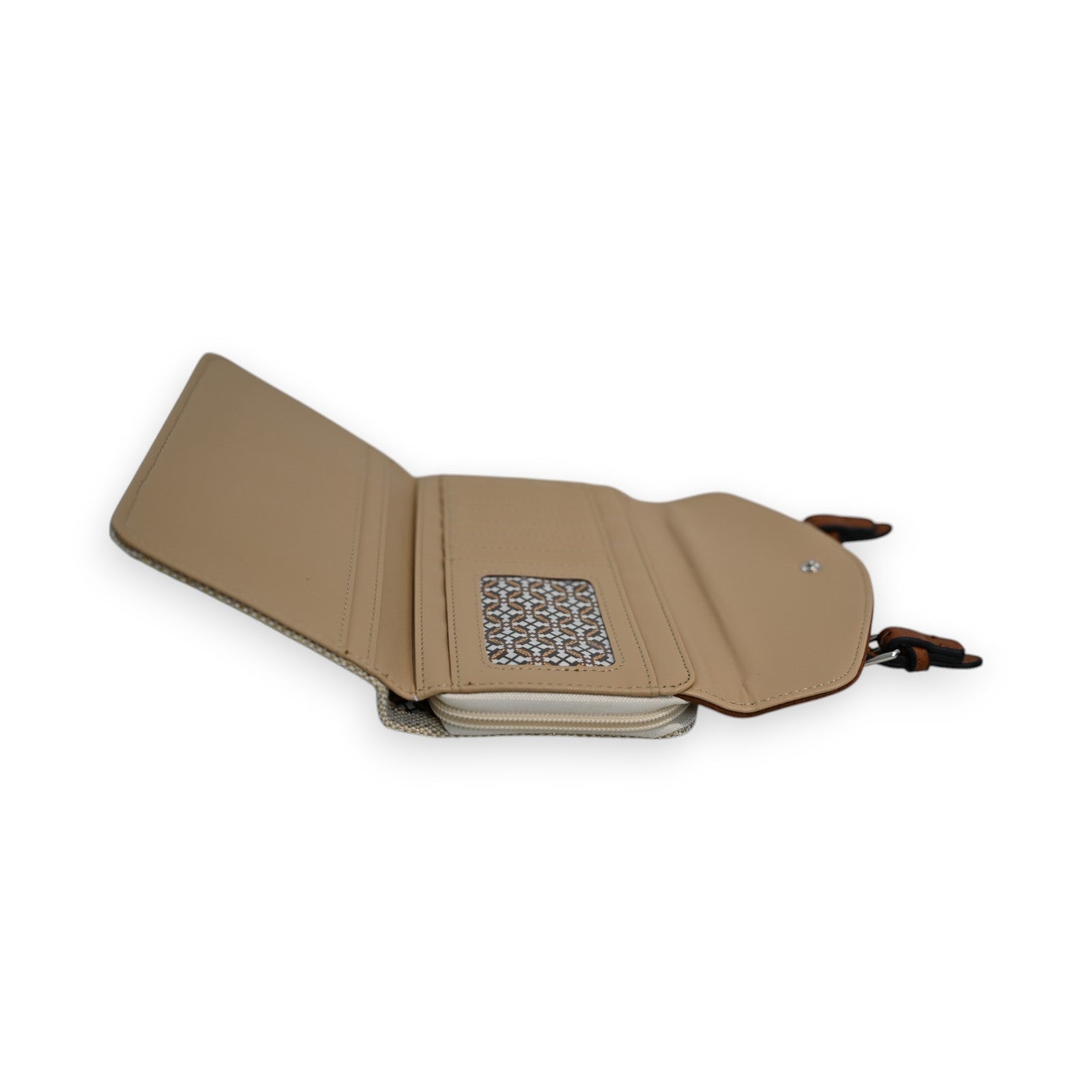 Elegantes zweifarbiges Portemonnaie in Beige und Camel, geöffnet mit sichtbarem Innenfach und Muster